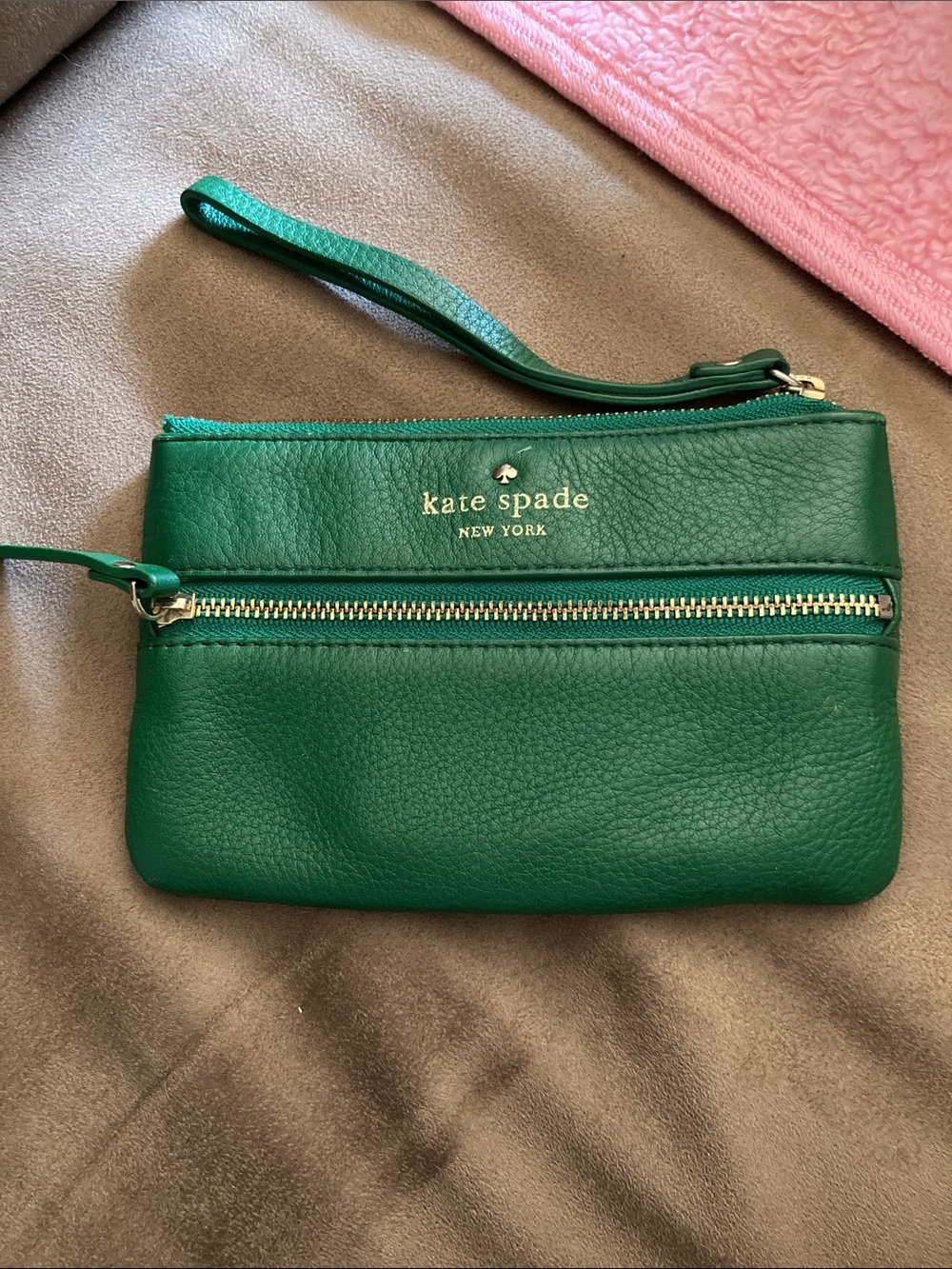 kate spade Green Leather Wristlet Clutch with Gold Hardware